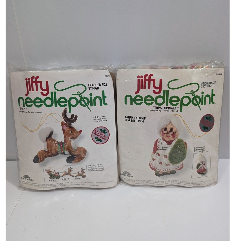 Vintage 70s Retro Jiffy Needlepoint Christmas Ornament Kits Rudy & Mrs Kringle